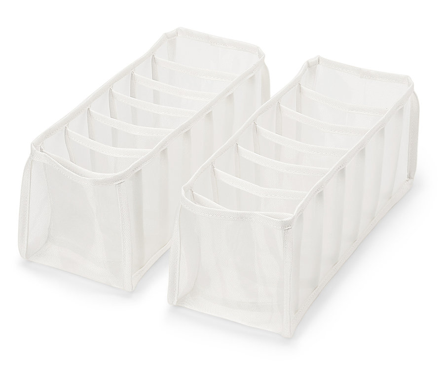 Dva biele organizéry zásuviek so šiestimi priehradkami na bielom pozadí.