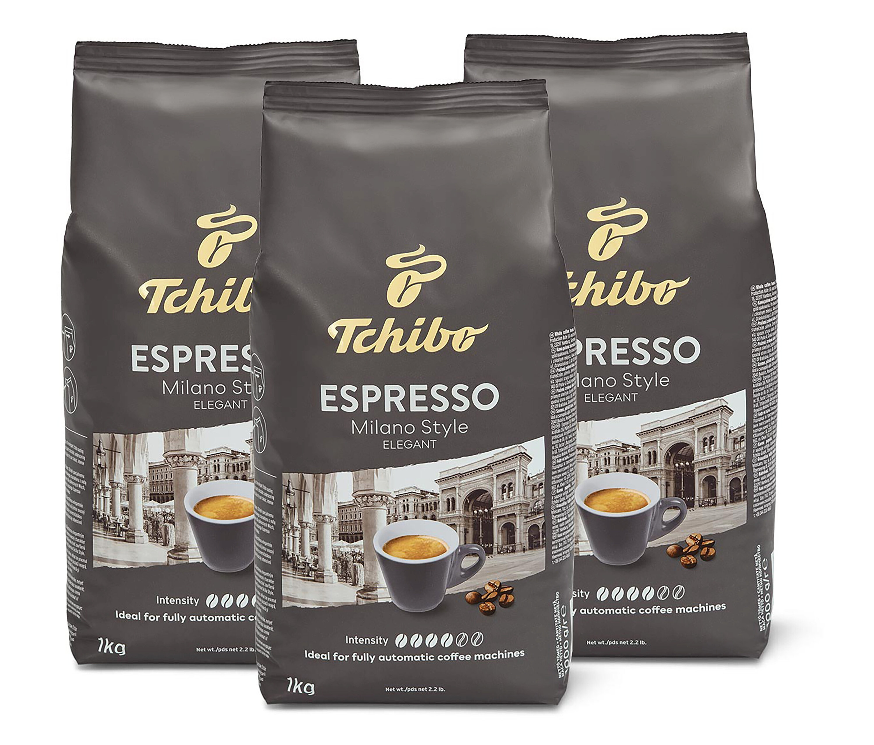 Tri balenia zrnkovej kávy Tchibo Espresso Milano Style po 1 kg.