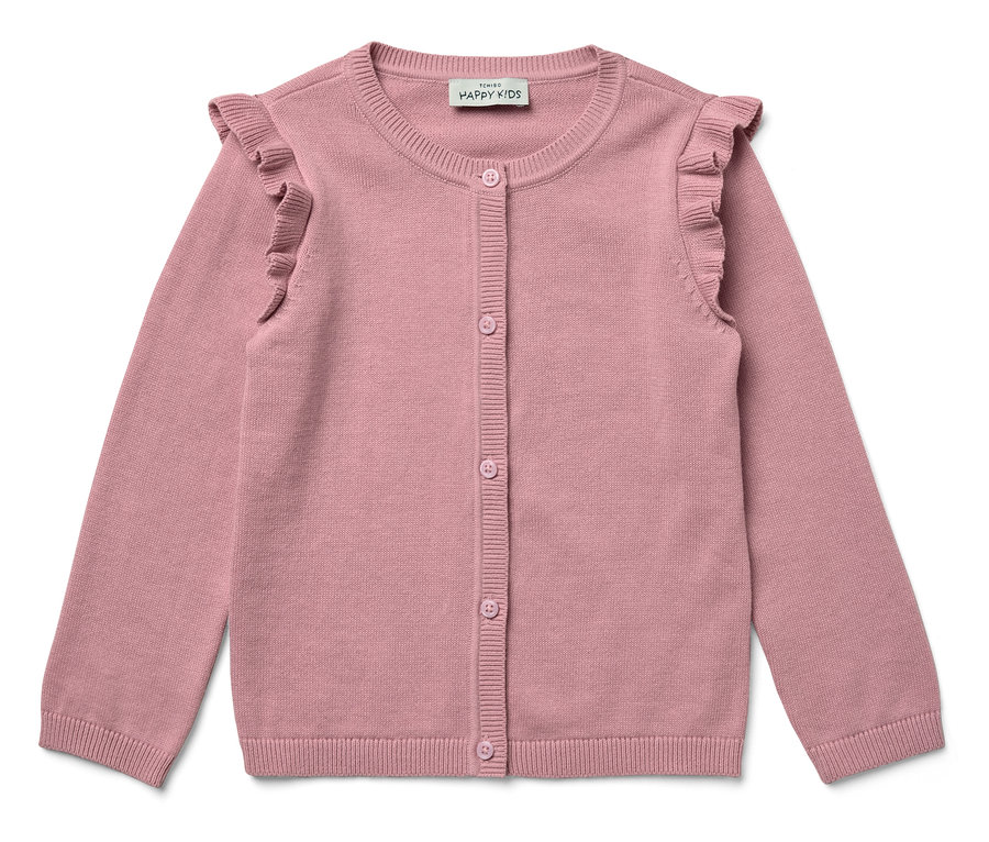 Ružový pletený kardigán s gombíkmi a volánikmi na ramenách.