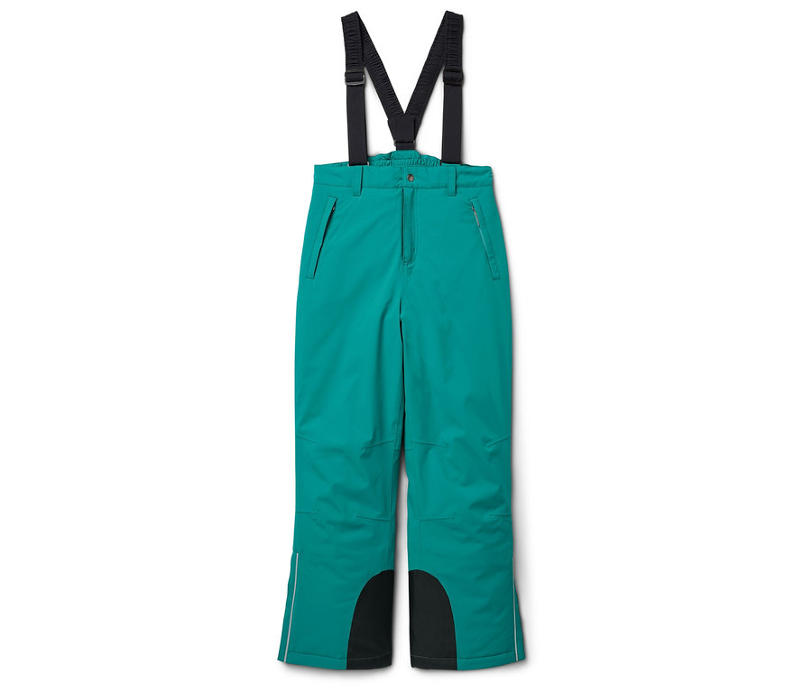 Zelené lyžiarske nohavice s čiernymi trakmi a čiernymi výstužami na vnútornej strane nôh.