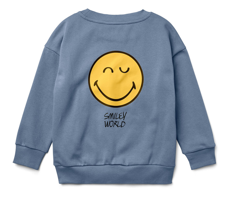 Modrá mikina so žltým smajlíkom a nápisom SMILEY WORLD.
