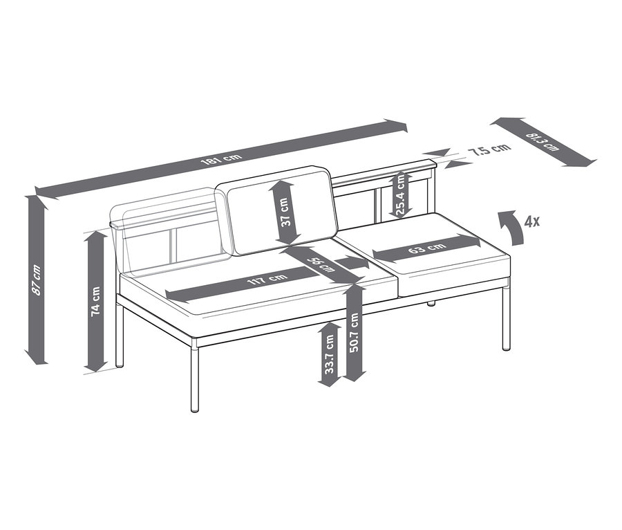 Rozmery záhradnej lavice 2 v 1 ‒ lehátko »Elin« s podrobnosťami o výške, šírke a hĺbke.