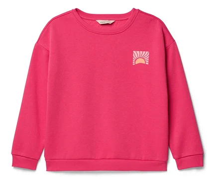 Ružový pulóver s logom východu slnka na hrudi.