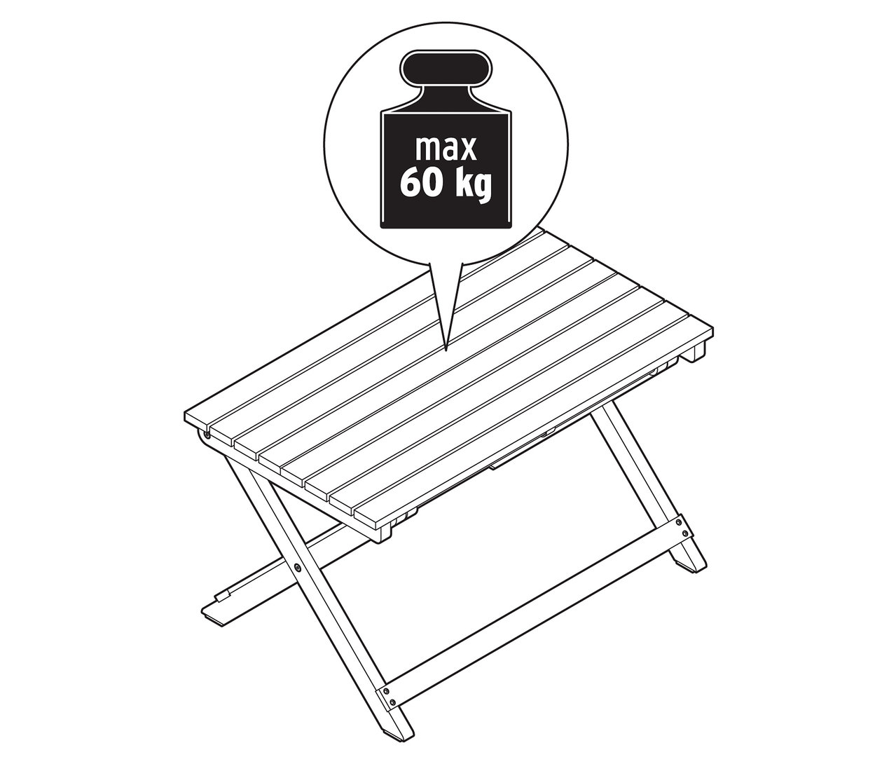 Ilustrácia skladacieho stola s označením maximálnej hmotnosti 60 kg.