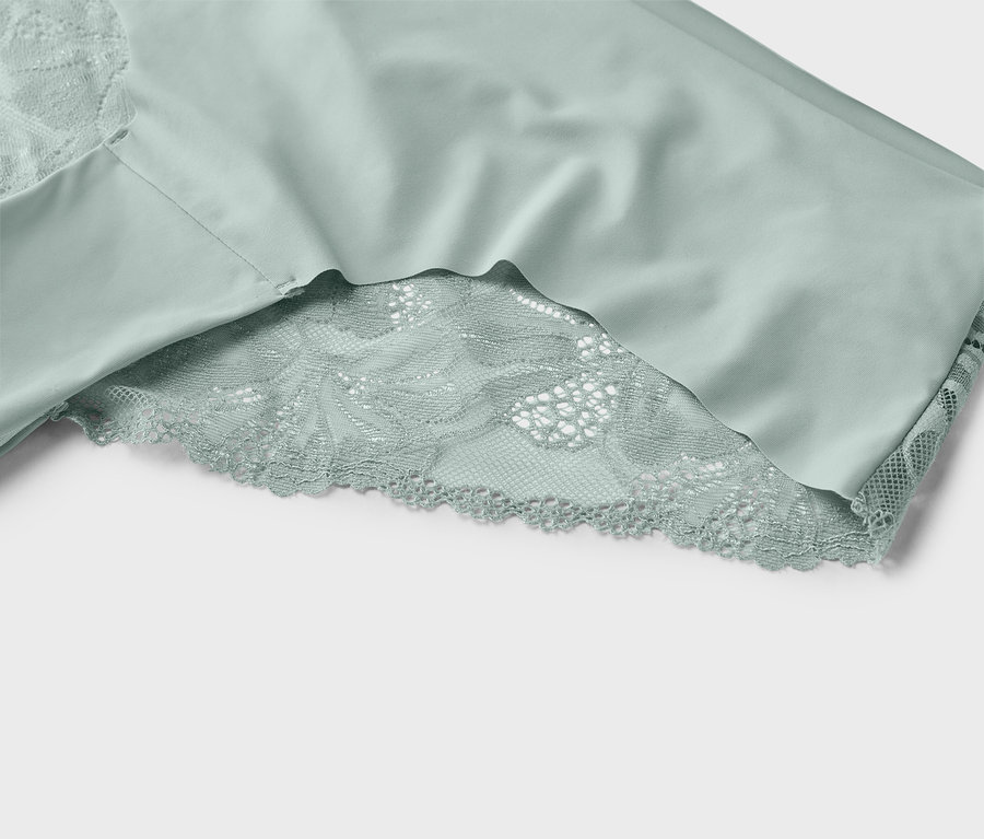 Detailný záber na mätovozelenú spodnú bielizeň s čipkovanými detailmi.