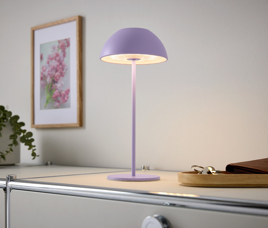 Fialová lampa stojí na stole, vedľa nej obraz s kvetmi a rastlina.