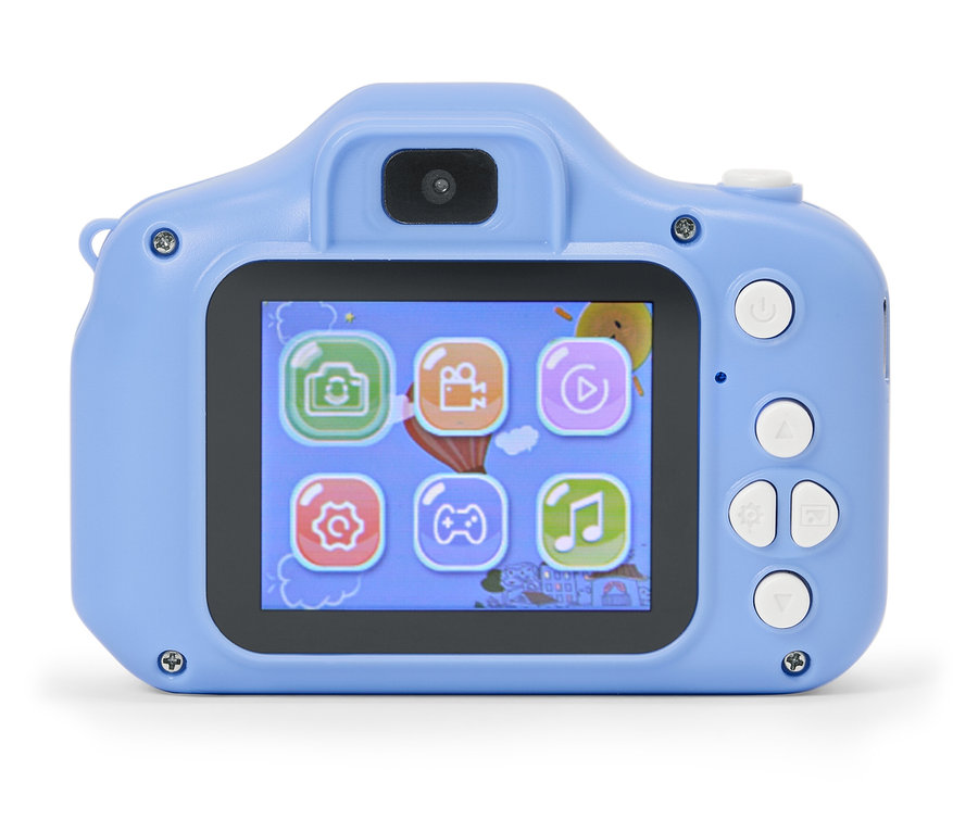 Detailný záber svetlomodrého hračkárskeho fotoaparátu s obrazovkou zobrazujúcou rôzne ikony aplikácií.