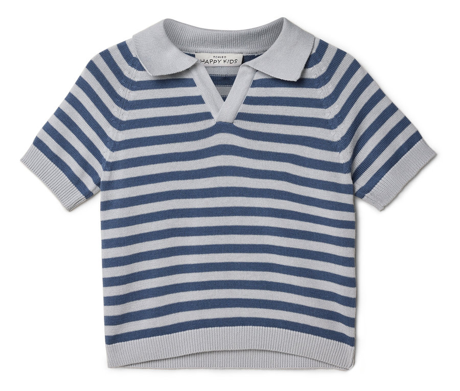 Polo tričko s krátkym rukávom v modro-sivej farbe leží na bielom pozadí.