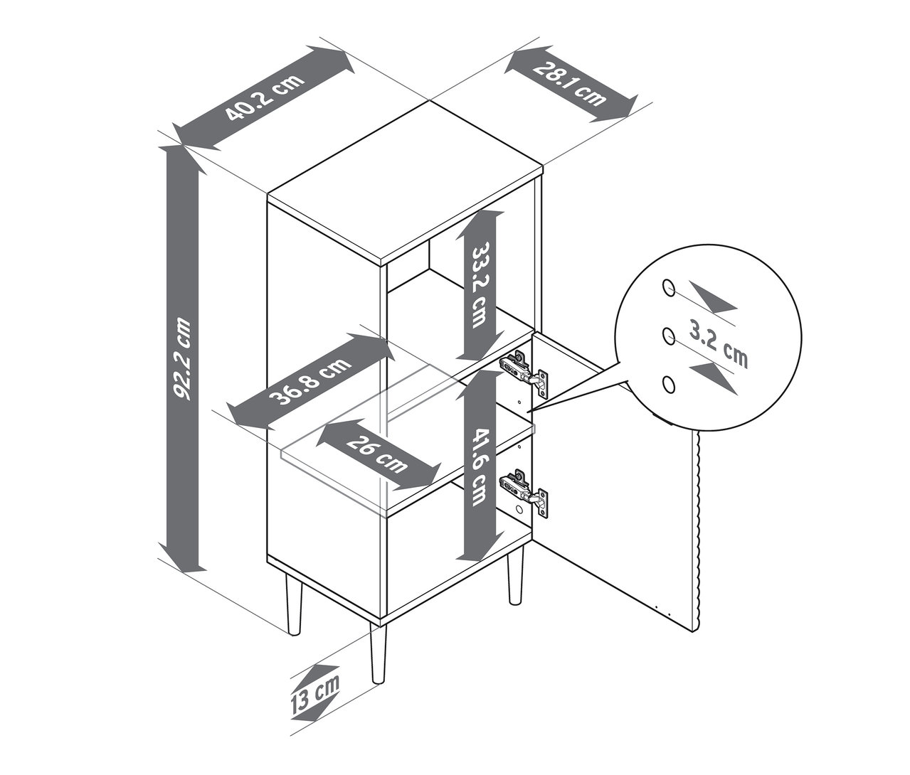 Obrázok znázorňuje schematický nákres kúpeľňovej skrinky »SONARI« s dverami, vrátane rôznych rozmerov.