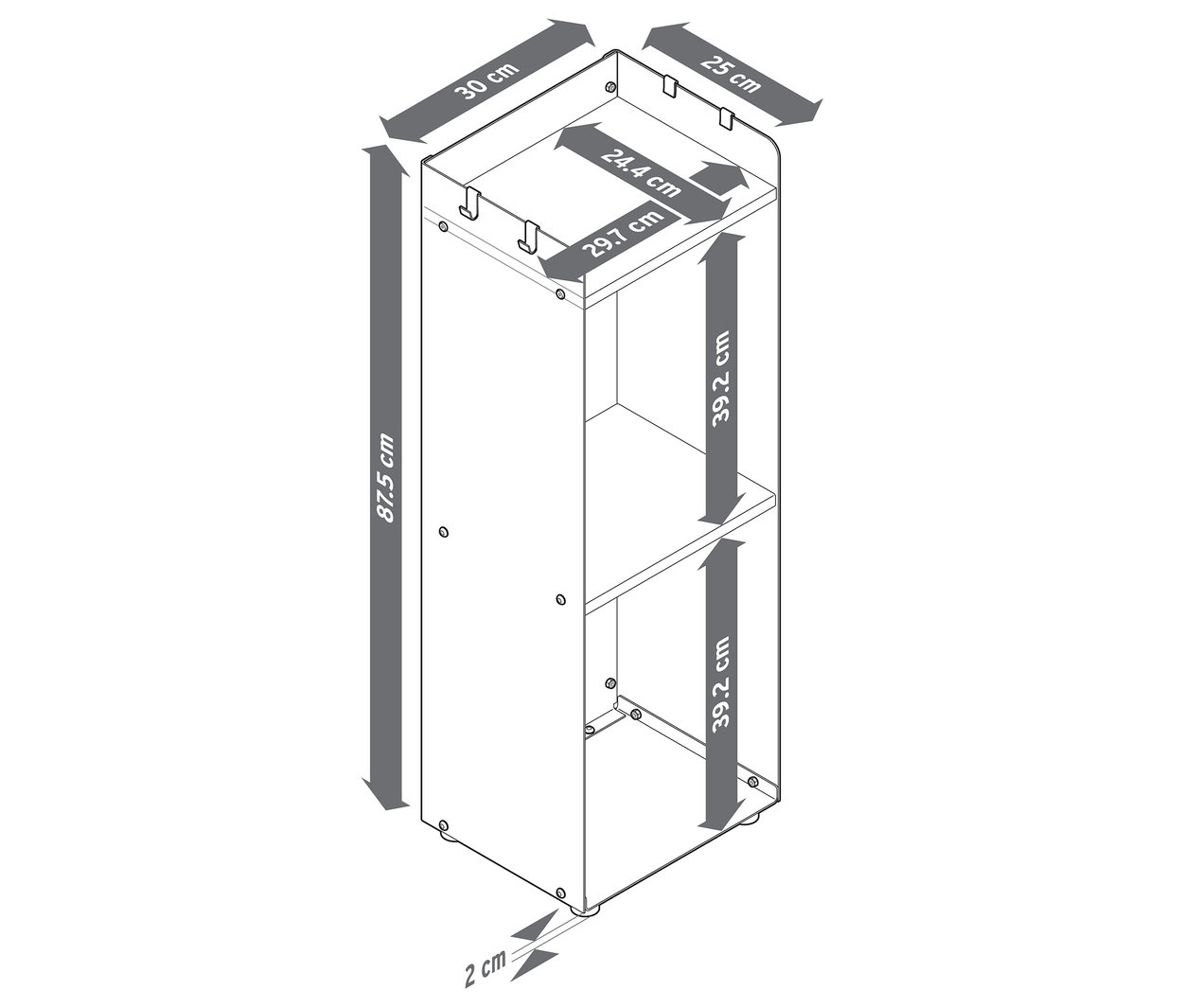 Ilustrácia vysokého regálu na krbové drevo s odkladacou plochou a rozmermi.