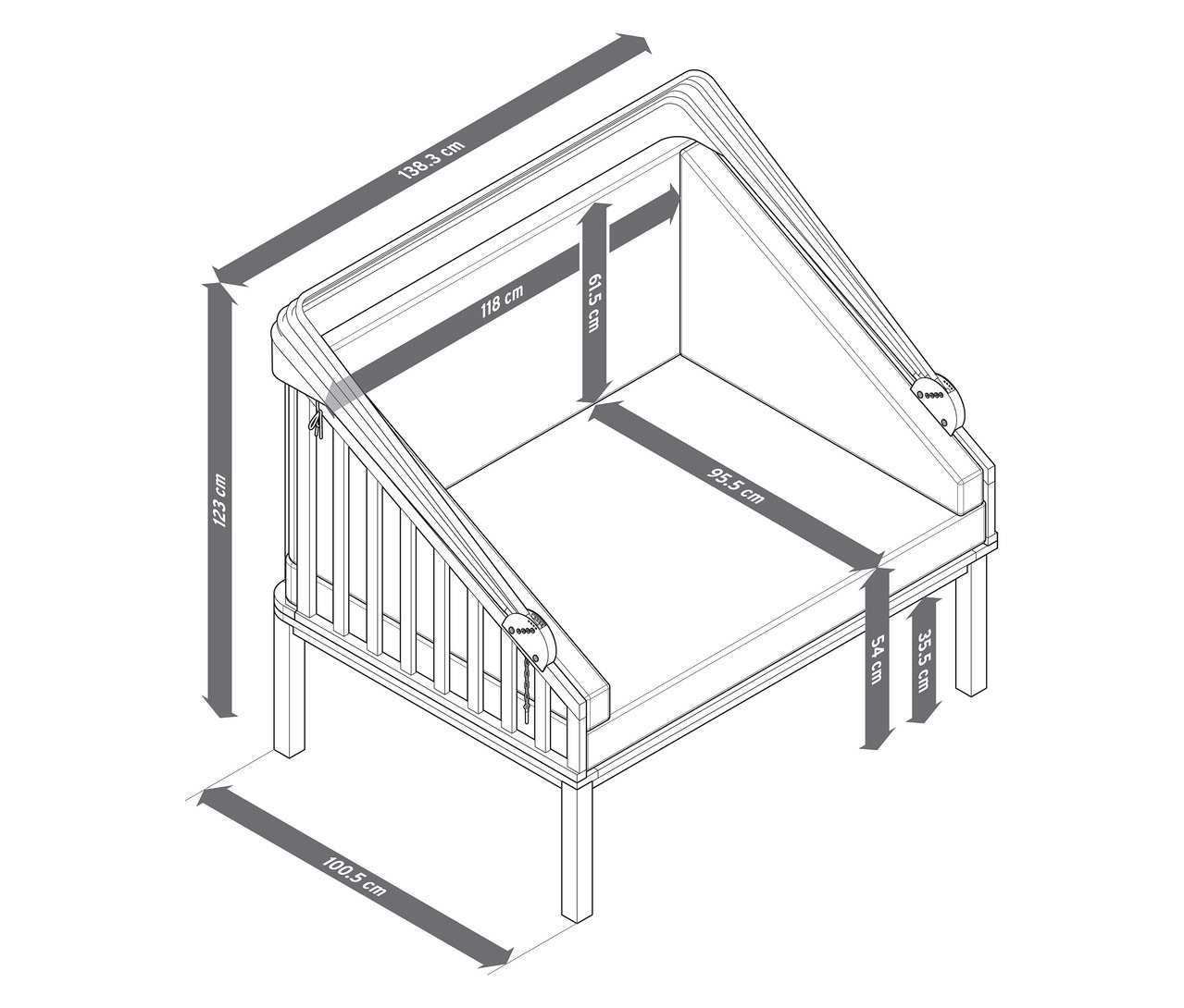 Detailná schematická kresba plážového koša prémiovej kvality so strieškou na ochranu pred slnkom, s rozmermi.