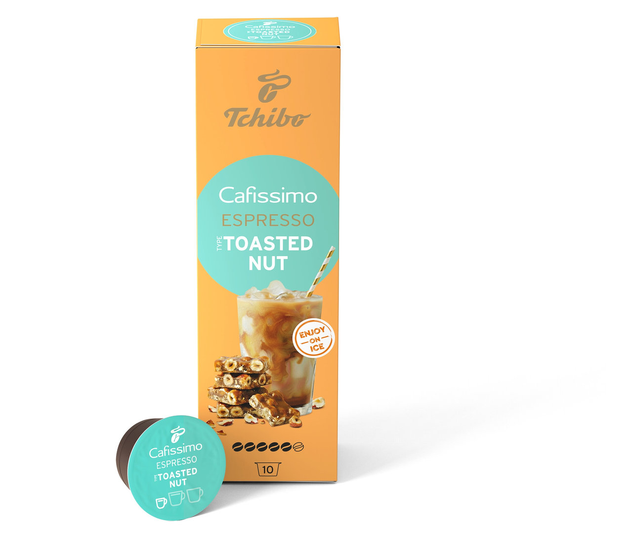 Balenie Cafissimo Flavoured Espresso Toasted Nut a kapsula ležia na bielom pozadí.