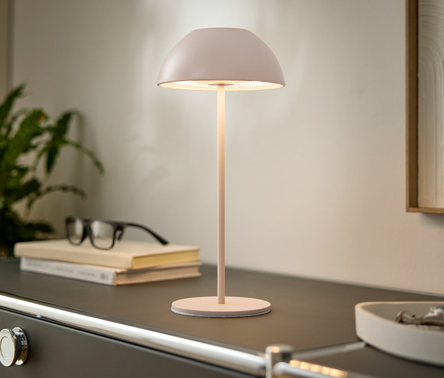Na komode stojí ružová lampa, knihy a okuliare. V pozadí je vidieť rastlinu a zarámovaný obraz.