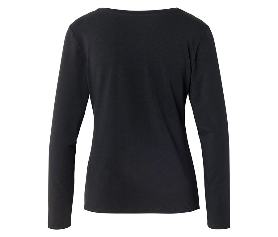 Pohľad zozadu na čierny top s dlhým rukávom a okrúhlym výstrihom.