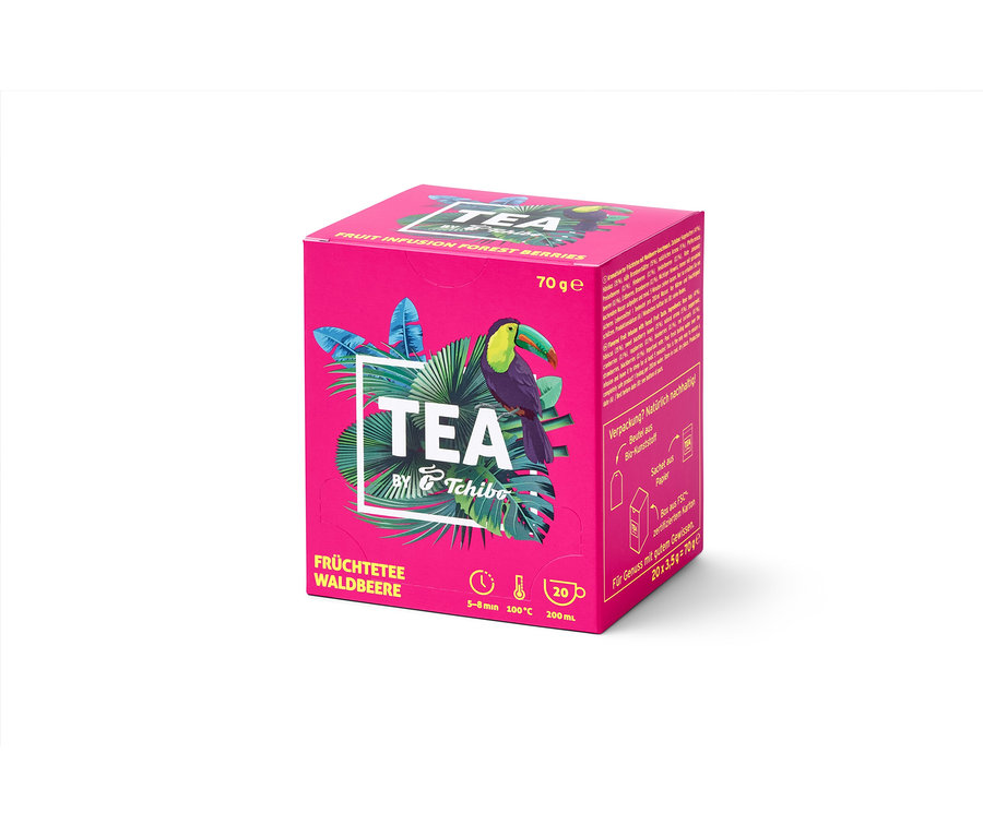 Balenie ovocného čaju TEA by Tchibo s príchuťou lesných plodov - 8 x 20 čajových vrecúšok. Na obale je obrázok tukana.