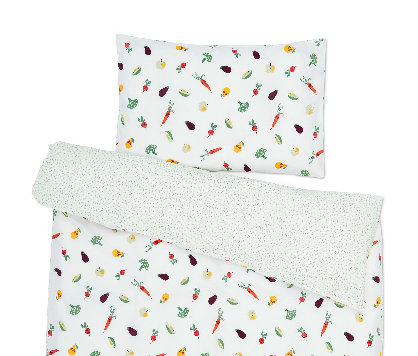 Posteľná bielizeň s motívom zeleniny a ovocia.
