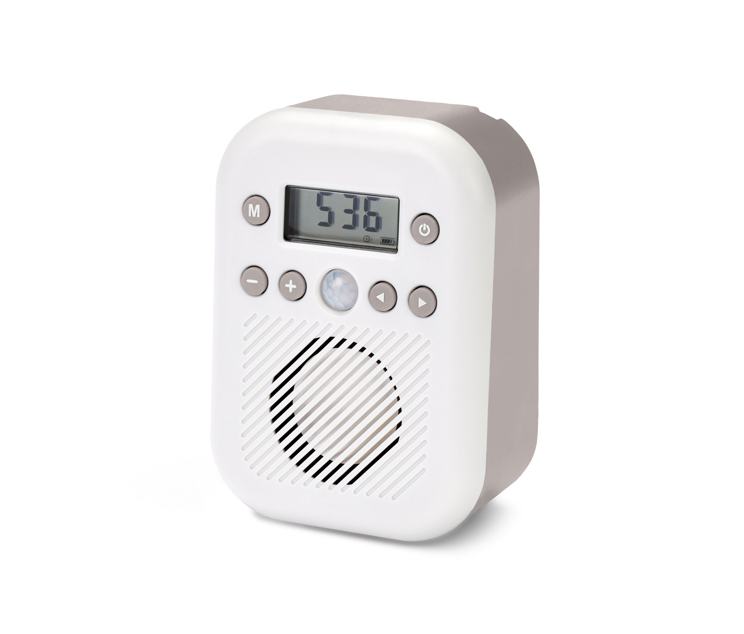 Sivo-biele rádio do kúpeľne so snímačom pohybu.