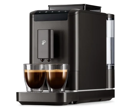 Čierny kávovar »Esperto2 Caffè« a dve šálky s kávou.