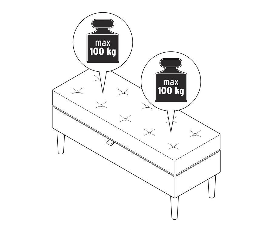 Ilustrácia čalúnenej lavice s úložným priestorom s maximálnou nosnosťou 100 kg.