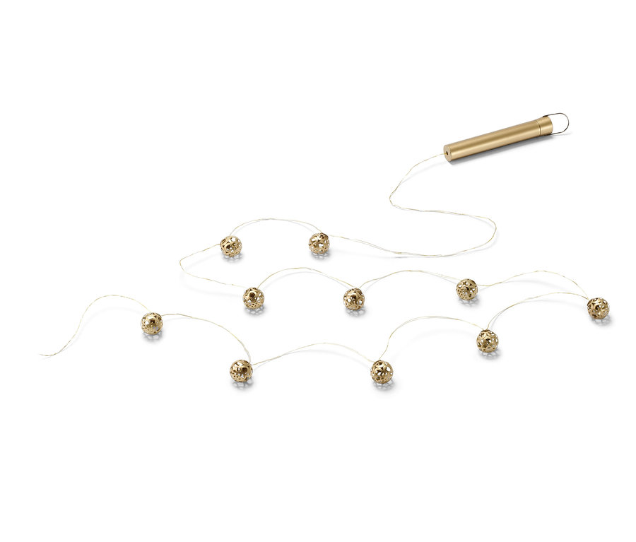 Zlatá svetelná reťaz s LED s desiatimi ozdobnými guľami.