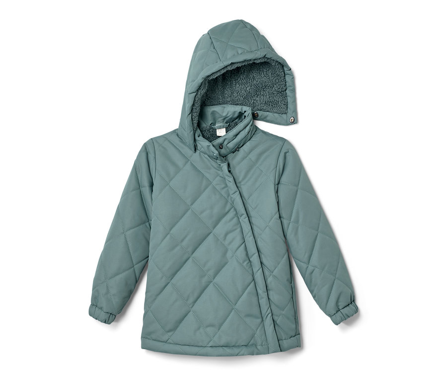 Svetlomodrá detská prešívaná bunda s kapucňou.