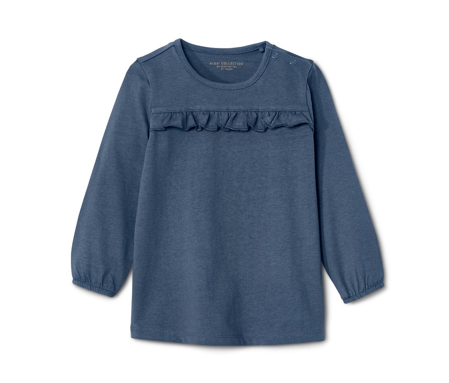 Modré detské tričko s dlhým rukávom a volánikom.