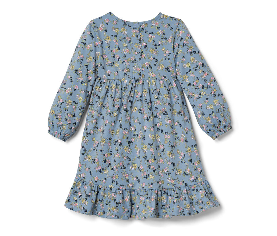 Modré detské džersejové šaty s kvetinovou potlačou.