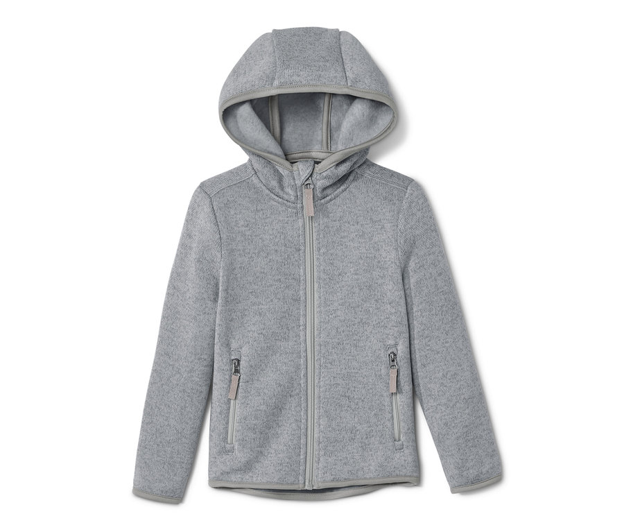 Sivá detská bunda z pleteného flaušu s kapucňou a zipsom.