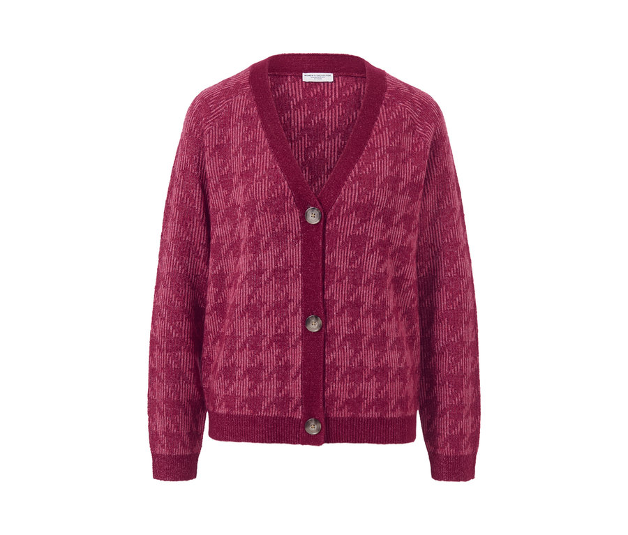 Vínový kardigán z hrubého úpletu so žakárovým vzorom kohútej stopy s gombíkmi.