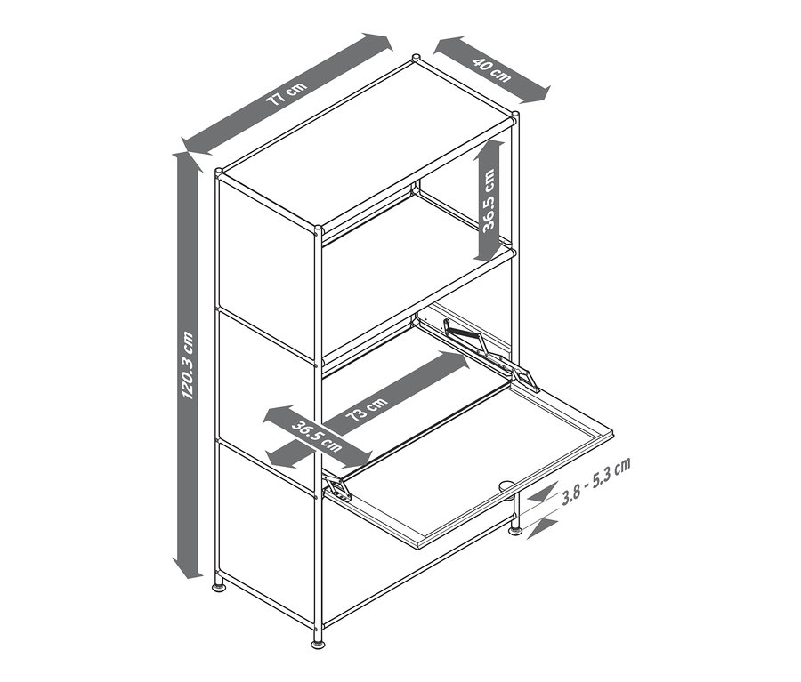 Nákres kovovej komody »CN3« s dvomi výklopnými priečinkami a rozmermi.