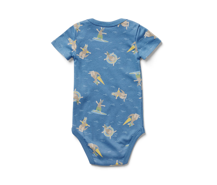 Modré detské body s krátkymi rukávmi s potlačou klokanov, 5 ks.