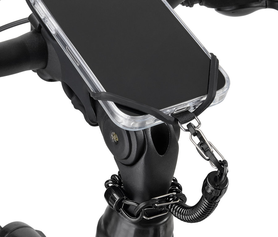 Mobilný telefón pripevnený k riadidlám bicykla pomocou bezpečnostnej retiazky.
