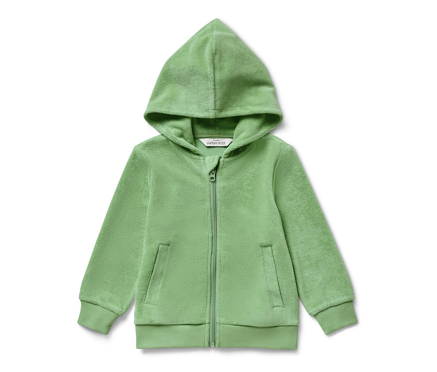Zelená detská froté bunda so zipsom a kapucňou.
