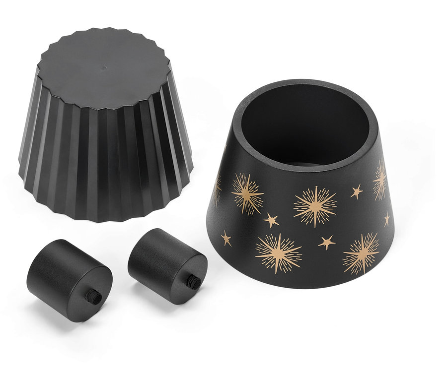 Čierne komponenty stolnej lampy, vrátane tienidla, podstavca a dvoch skrutiek, na bielom pozadí.