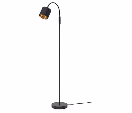 Čierna stojaca lampa s ohybným ramenom a zlatým vnútrom tienidla.