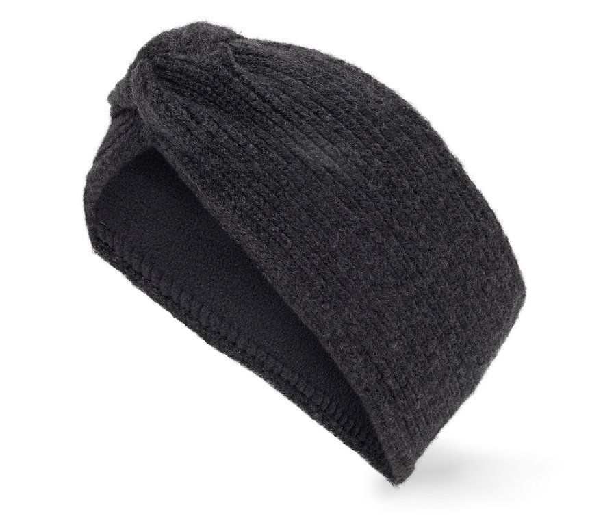 Čierna pletená čelenka do vlasov s uzlom na bielom pozadí.