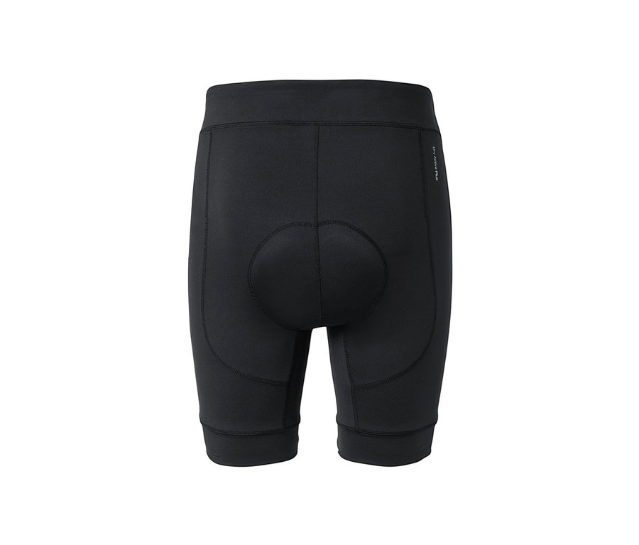 Detailný záber na zadnú časť čiernych cyklistických nohavíc.