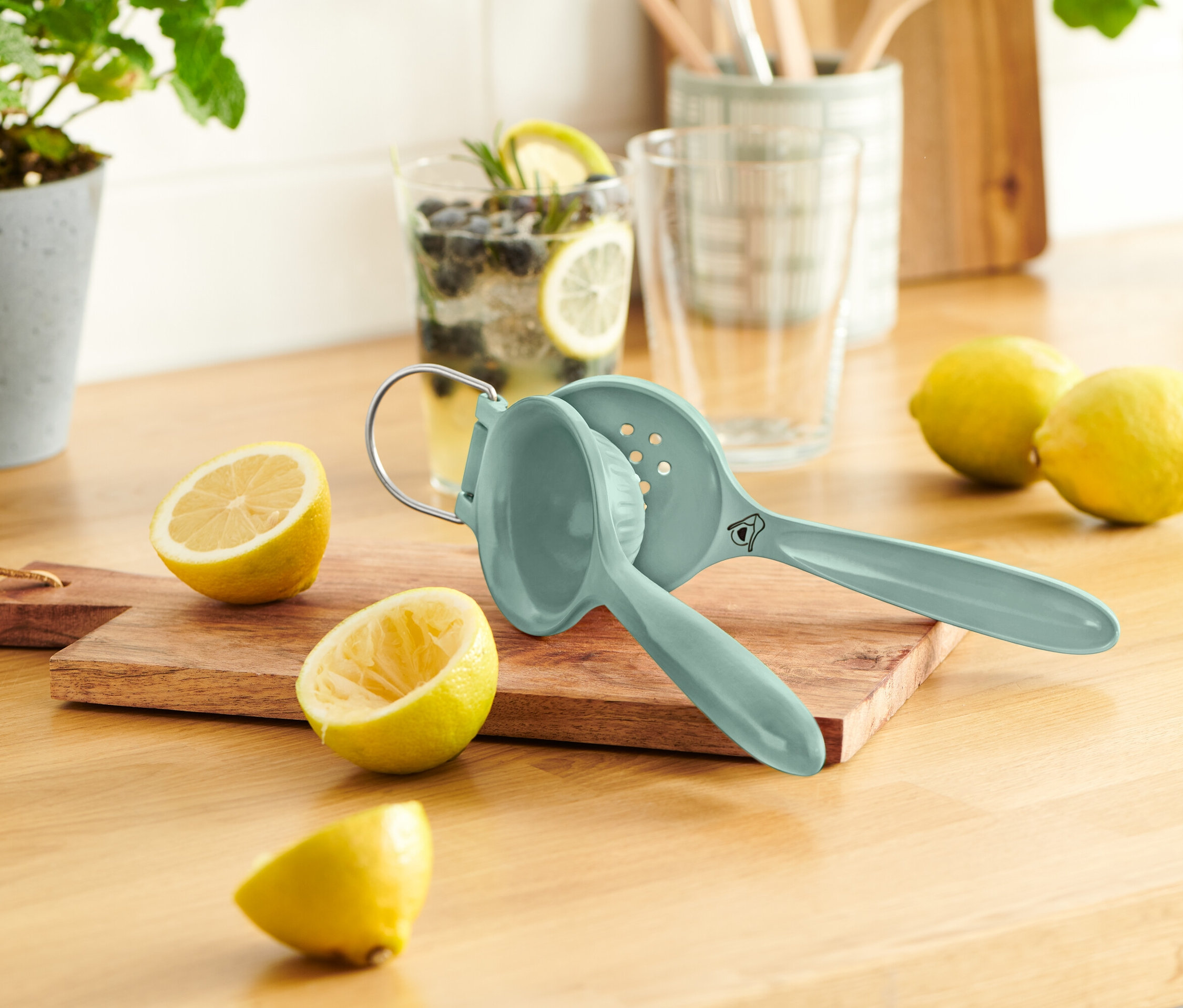 Modrý lis na citróny leží na drevenej doske vedľa rozpolených citrónov. V pozadí je pohár s citrónom a čučoriedkami.