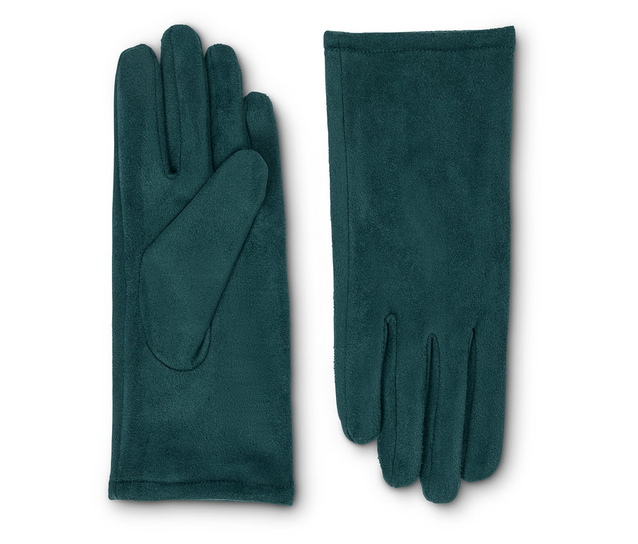 Pár petrolkových rukavíc z imitácie velúrovej kože leží vedľa seba.