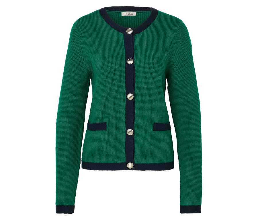 Zelený kardigán zo štruktúrovaného úpletu s tmavomodrými akcentmi a striebornými gombíkmi.