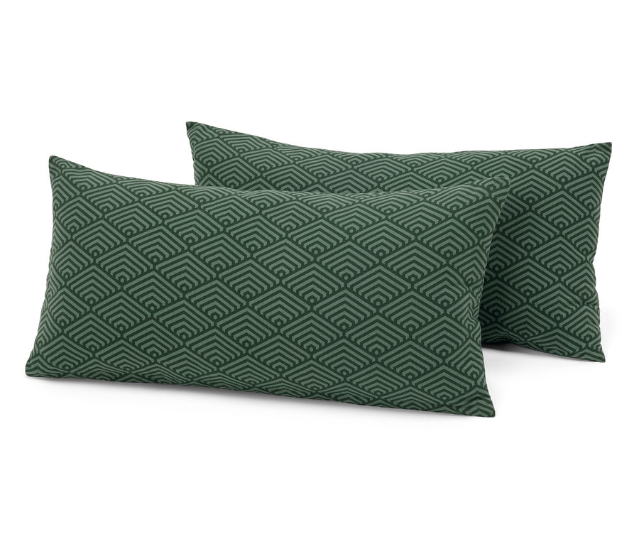 Dva obdĺžnikové vankúše s geometrickým vzorom v zelených odtieňoch.