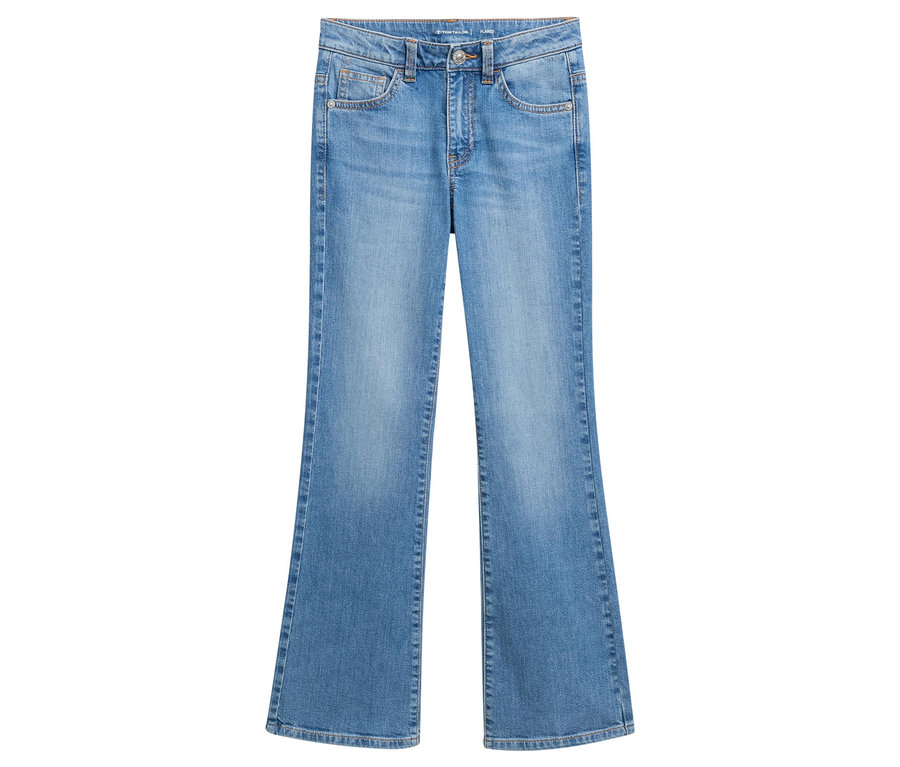 Svetlé detské džínsy Tom Tailor so širokými nohavicami ležia na bielom pozadí.