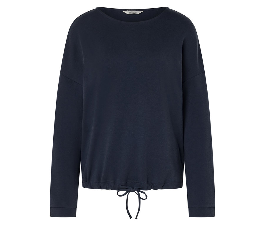 Tmavomodrá mikina s dlhými rukávmi a sťahovacou šnúrkou na spodnom leme.