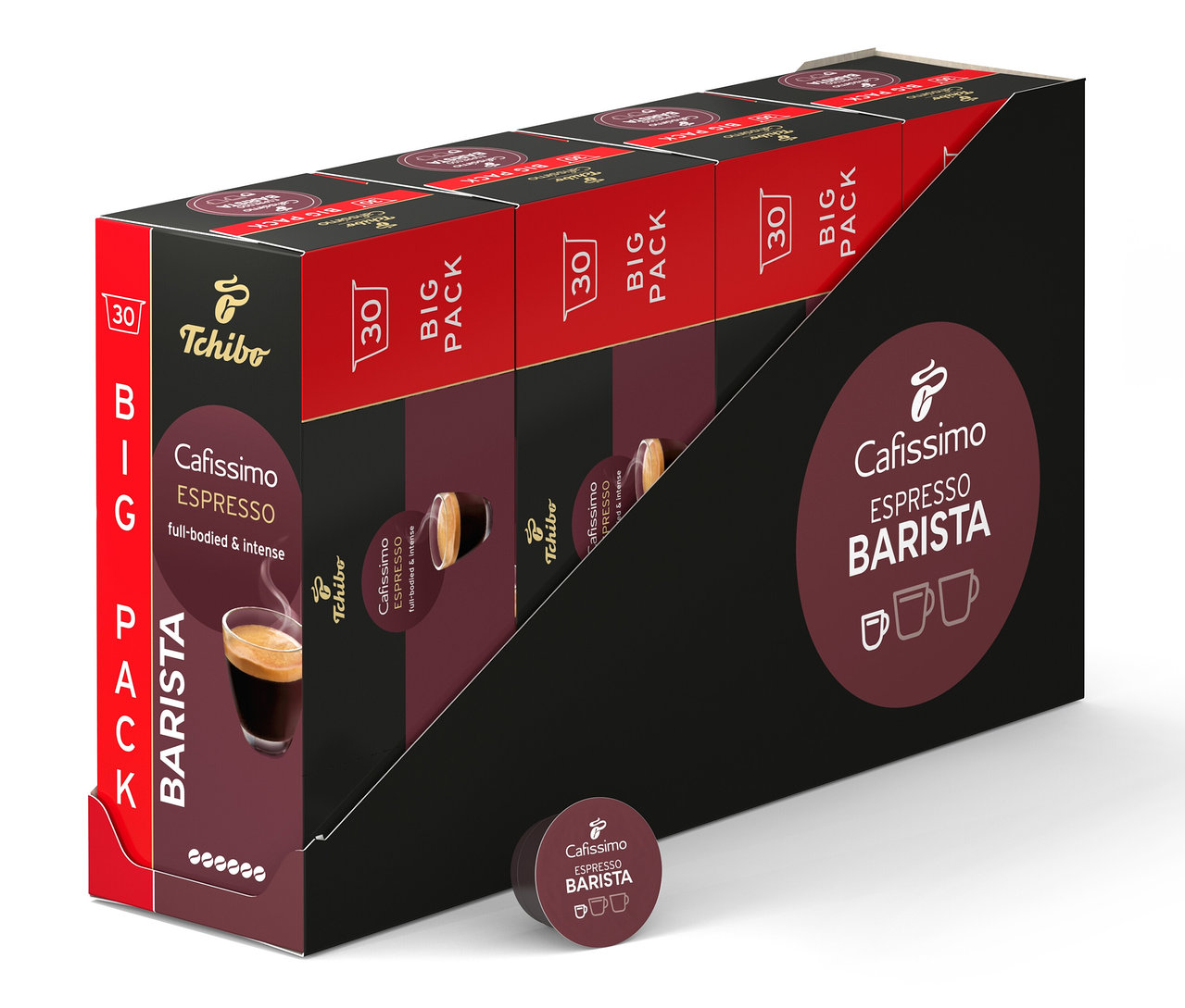 Balenie kapsúl Cafissimo Espresso Barista v čiernom držiaku, s jednou kapsulou vpredu.