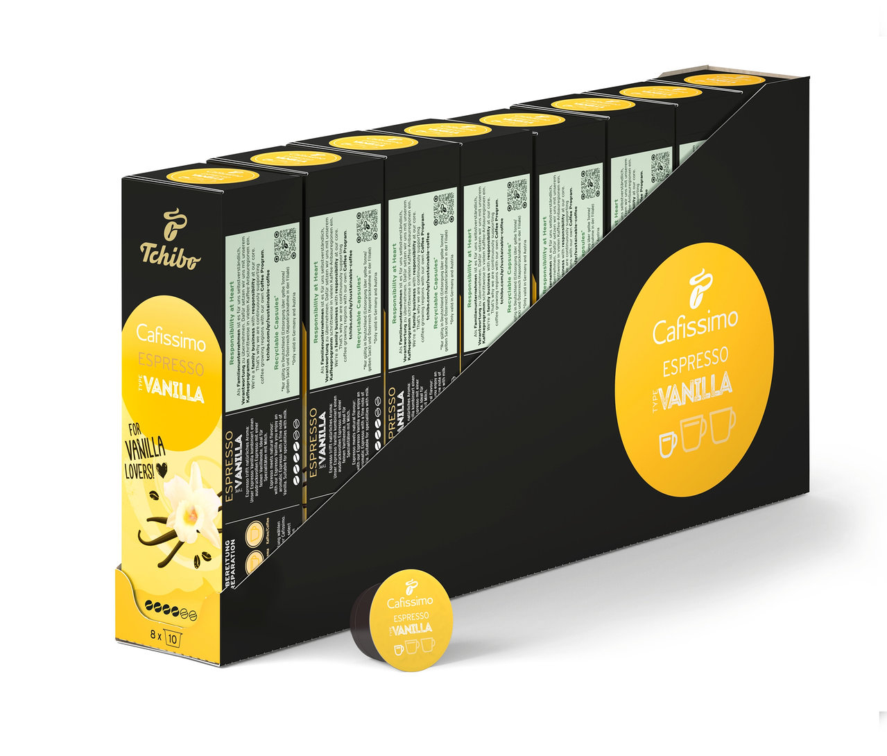 Niekoľko balení Cafissimo Flavoured Espresso - Vanilla - 80 kapsúl v čiernom držiaku.