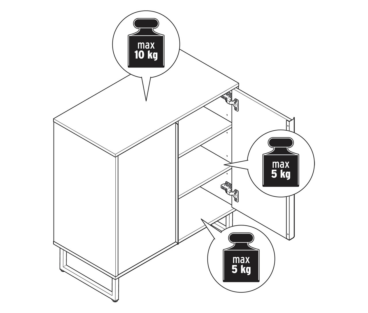 Nákres komody »LEEG« s 2 dvierkami, jedny dvere sú otvorené, zobrazujú maximálnu hmotnosť 5 kg na policu.