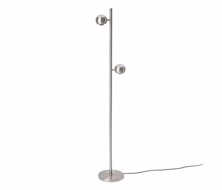 Podlahová lampa z brúseného kovu s okrúhlou základňou a dvoma guľovitými svetlami.