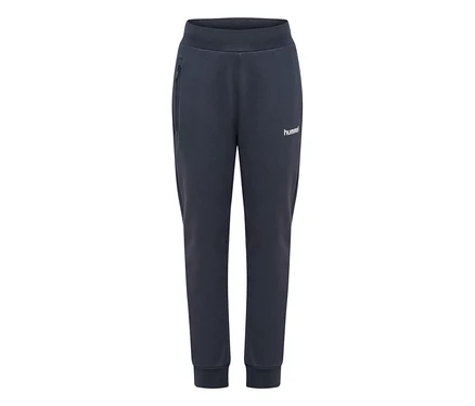 Tmavomodré tepláky hummel® HMLJR Logo Waist Pants s elastickým pásom, manžetami, vreckom na zips a bielym logom.