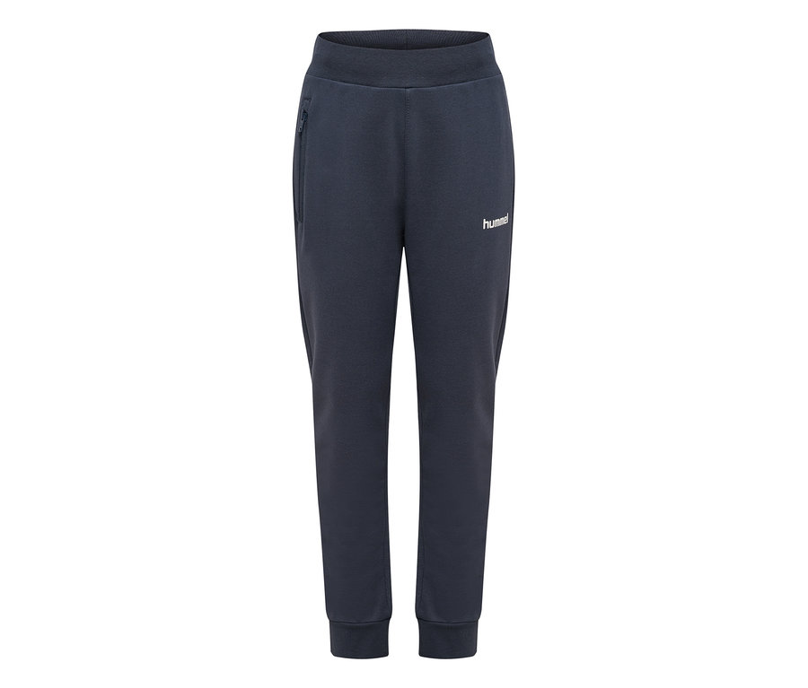 Tmavomodré tepláky hummel® HMLJR Logo Waist Pants s elastickým pásom, manžetami, vreckom na zips a bielym logom.