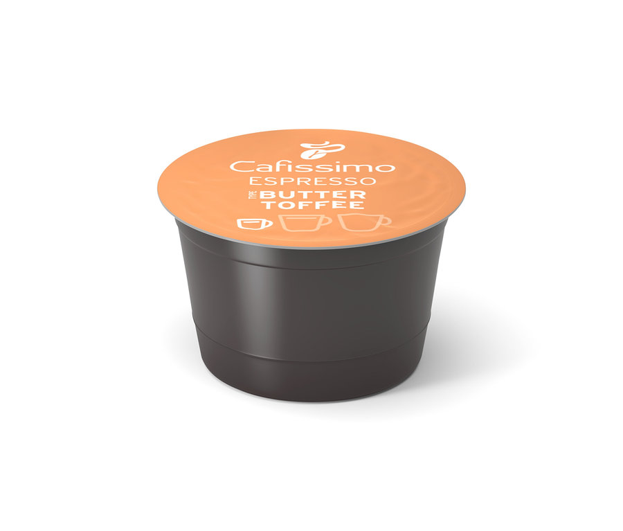 Jedna kapsula Cafissimo Flavoured Espresso - Buttertoffee na bielom pozadí.